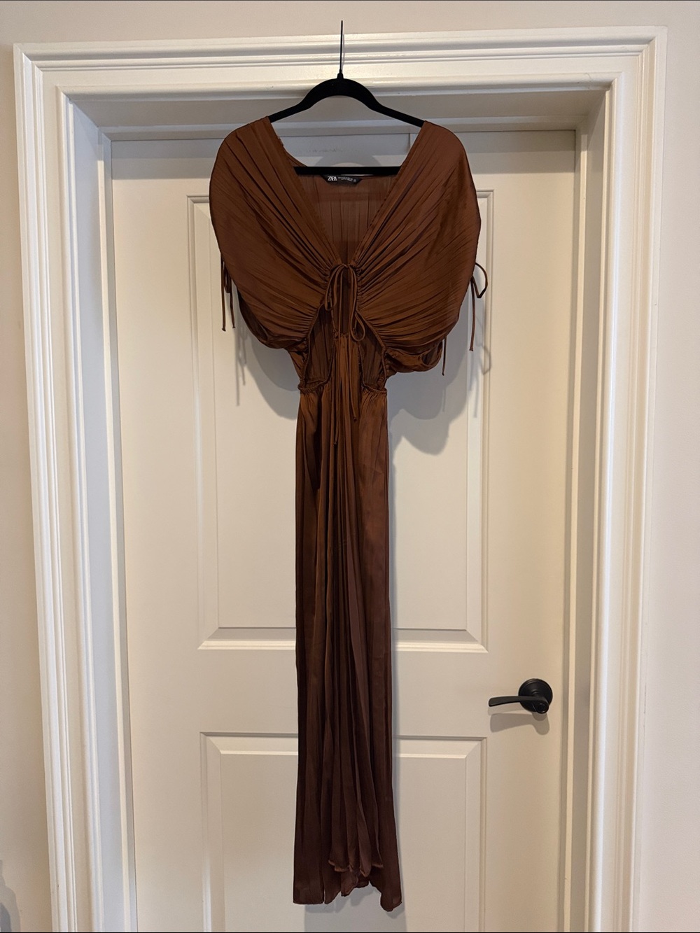 Zara Chocolate Brown Draped Maxi Dress with Front Tie